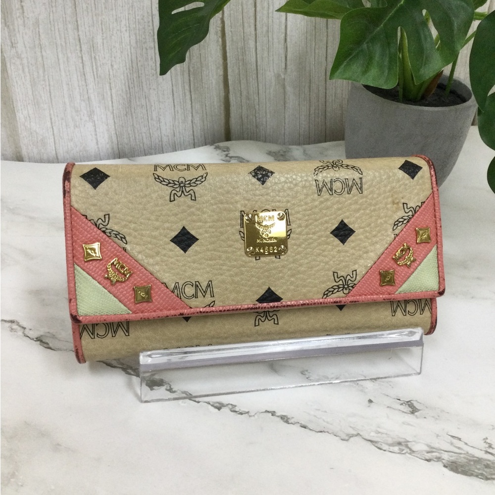 GUC MCM Beige Logo Continental Wallet with Pink Trim